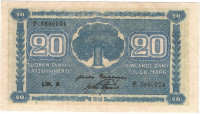 20 марок 1945 года. Финляндия. р78а(14) 20 марок 1945 года. Финляндия. р78а(14)