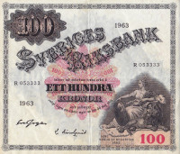 100 крон 1963 года. Швеция. р48е 100 крон 1963 года. Швеция. р48е